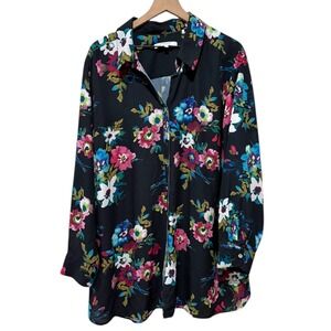 Foxcroft Button Up Shirt Floral Women 20W Long Sleeve Navy Blue Multicolor Artsy